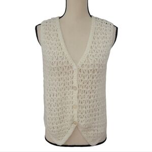 Vintage 60s La Val White Open Knit 3 Button Front Sleeveless V-Neck Vest M